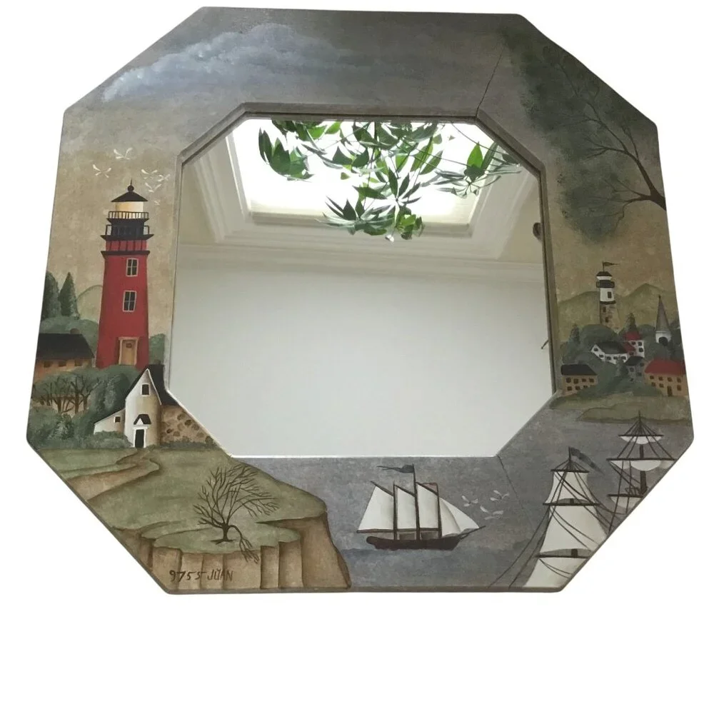 Hand-Painted Lighthouse Nautical Mirror 18x18 Folk Art Coastal Ship Wall Decor